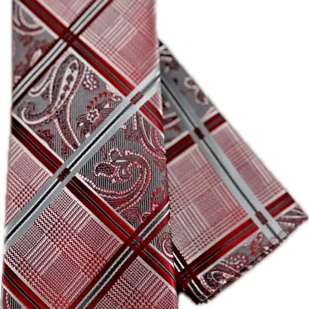 Stacy Adams Men's Tie & Hanky Set Red Silver Charcoal Gray Striped Paisley